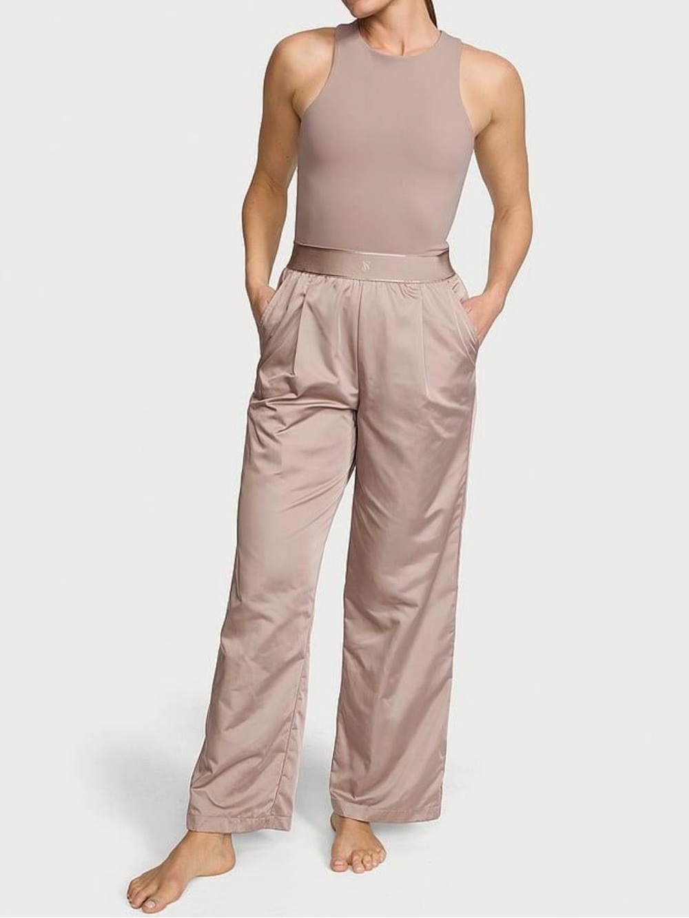 Victoria’s Secret VSX Lux Glossy Sport Wide-Leg Jumpsuit Taupe